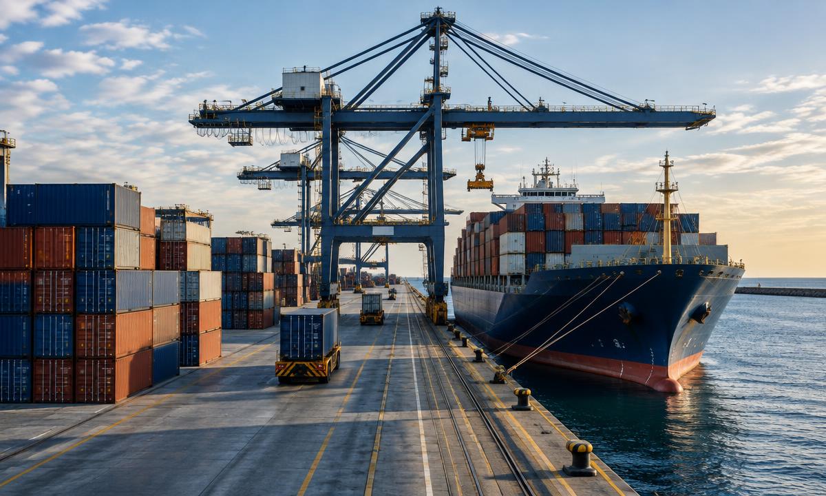 Cargo ship and containers at an international shipping terminal
